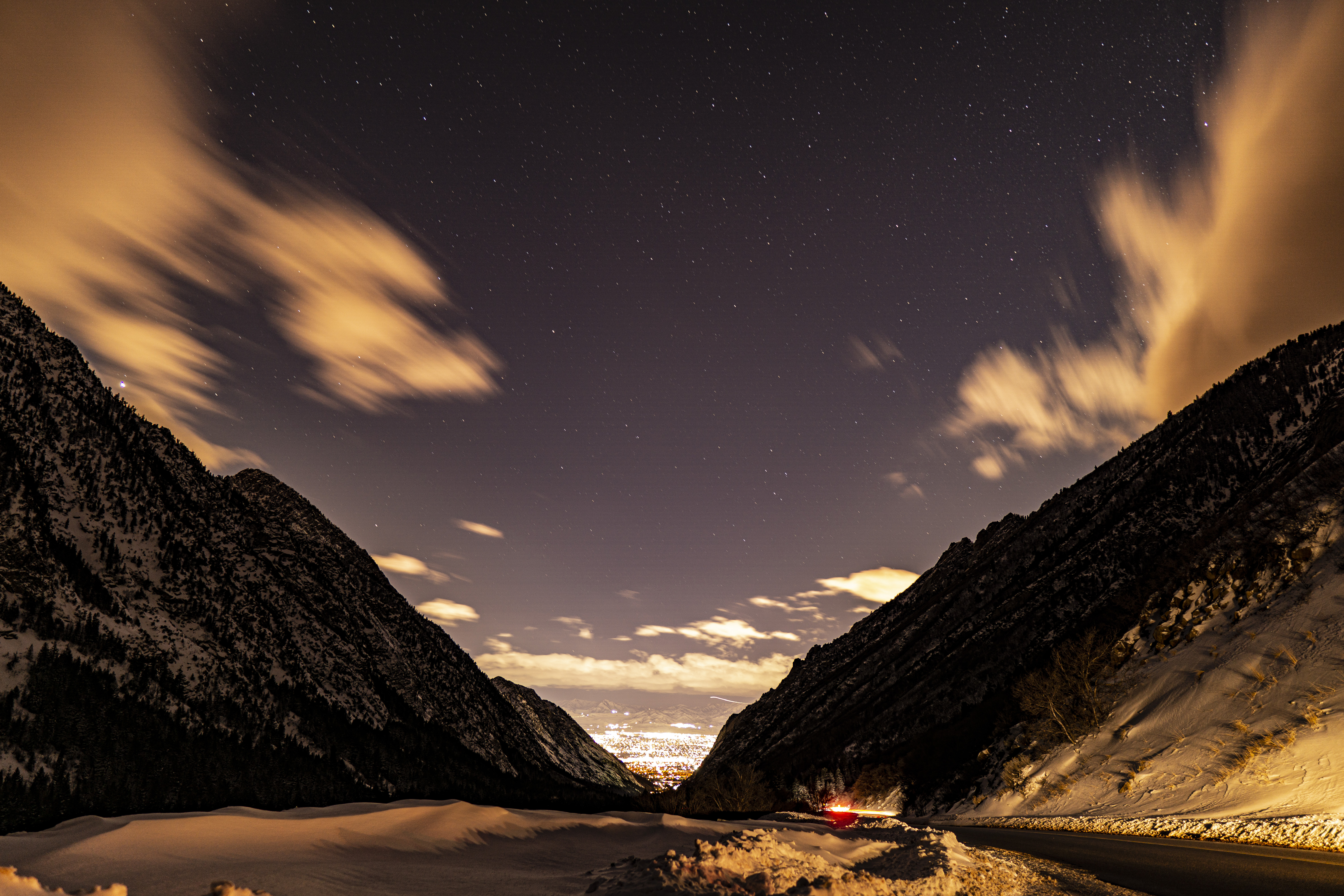 little cottonwood canyon wasatch utah at night down canyon view