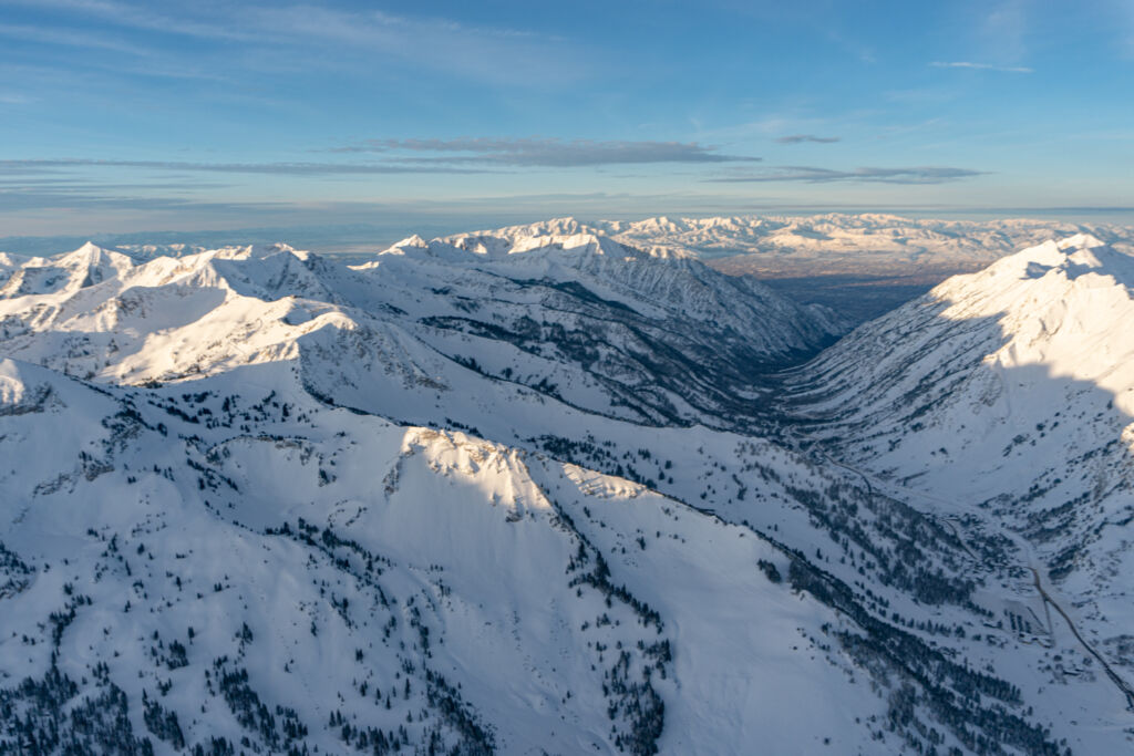 little cottonwood canyon wasatch mountains utah aerial view winter